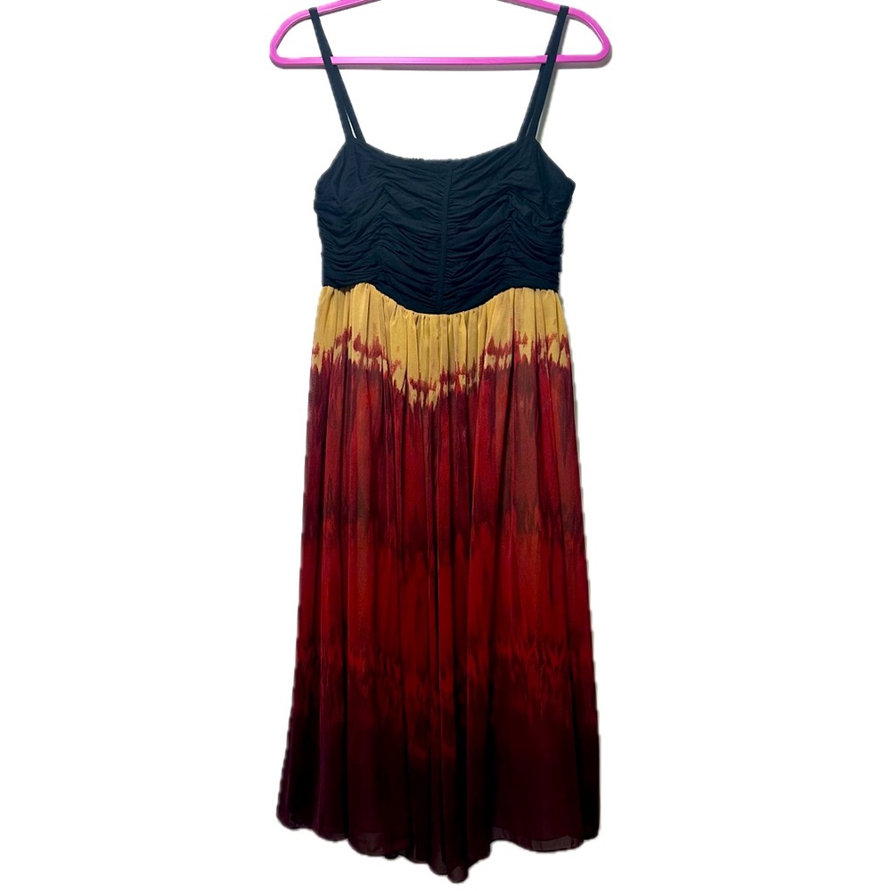 AK Anne Klein red black Ombre Midi flowy Dress, Black Ruched Top, Size 6